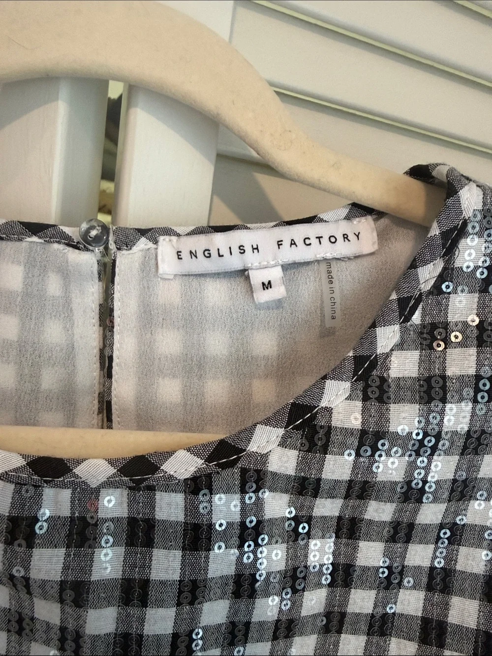 English Factory Black and White Gingham Puff Sleeve Top